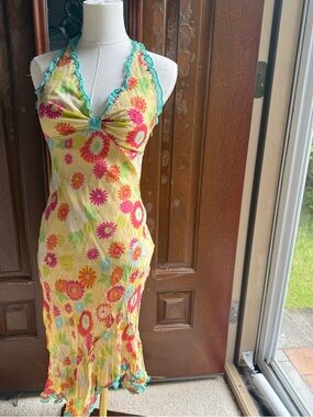 BCBGMaxAzria Yellow Silk Floral Halter Midi Dress with Turquoise Trim